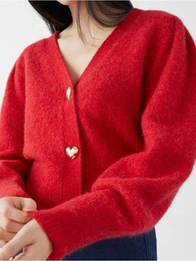 NWOT Paris Atelier & Other Stories Red V-Neck Cardigan Gold Heart Buttons Small